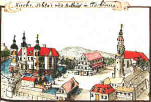 Kirche, Schloss und Bethaus im Tschürne - Zamek, kościół i zbór, widok z lotu ptaka